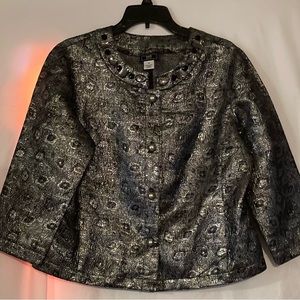 Lark Lane Jacket Jeweled Neckline Button Up Shiny Silver Black Size 14